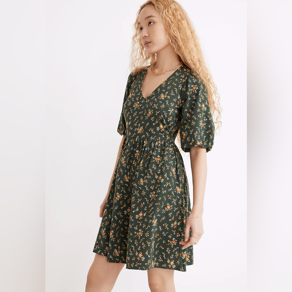 Poplin v neck bubble sleeve mini dress green floral from madewell